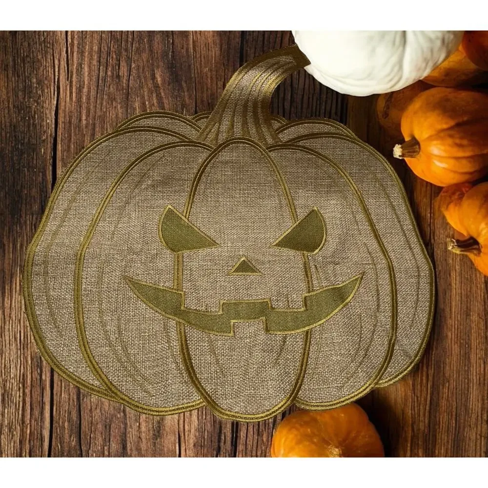 6 Pumpkin Jack O lantern Shaped Burlap Placemats Fall Autumn neutral brown